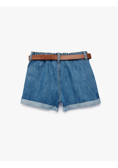 Koton Yüksek Bel Katlamalı Kemer Detaylı Denim Şort Orta İndigo 6skg40126ad