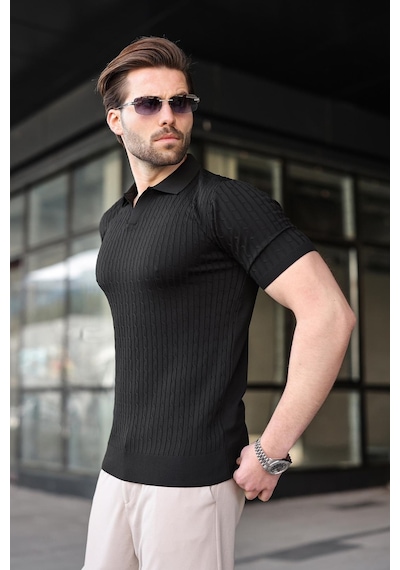 Madmext Siyah Slim Fit Polo Yaka Triko Erkek Tişört E7472 Siyah