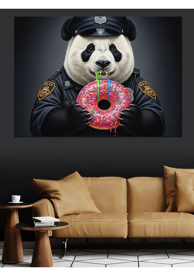 Panda Polis Pembe Donat Yiyor Dekoratif Kanvas - Mdf Ahşap Tablo
