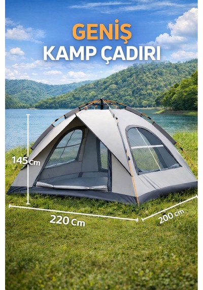 3 Kişilik Otomatik Kamp Çadırı Çift Katmanlı Su Geçirmez Hızlı Kurulum 220x200x145 Cm Gri
