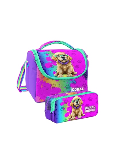Coral High Mor Pembe Köpek Desenli Kız Çocuk Isı Yalıtımlı Beslenme Çantası Ve Kalemlik Seti