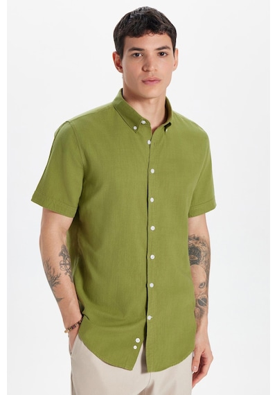 Tudors Erkek Slim Fit Dar Kesim Kısa Kollu %100 Pamuk Keten Doku Haki Düğmeli Yaka Gömlek-32811 Haki