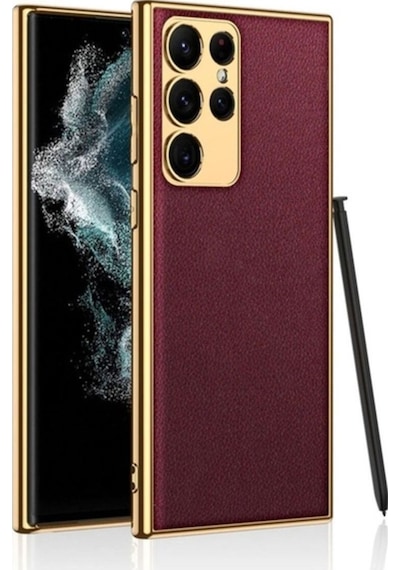 Galaxy S23 Ultra Kılıf Deri Görünümlü Kenarları Elektroplating Kaplama Zore Fizyon Kapak Kırmızı