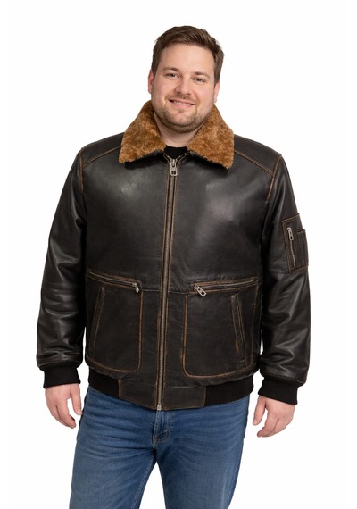 Viamod Leather Büyük Beden Erkek Hakiki Deri Ceket Kürk Yakalı Siyah Premium Pilot Model Gerçek Deri Mont Üretici Garantili