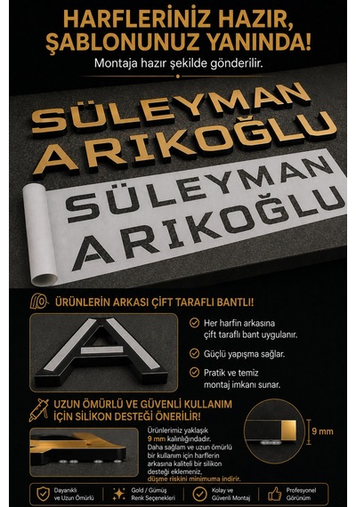 Alucor Kişiye Özel Aynalı Harf Tabela Gold / Gümüş Alucor Harf 20-50 Cm Hazır Şablonlu Kolay Montaj Ofis, İş Yeri Ve Kapı Tabelası Gümüş