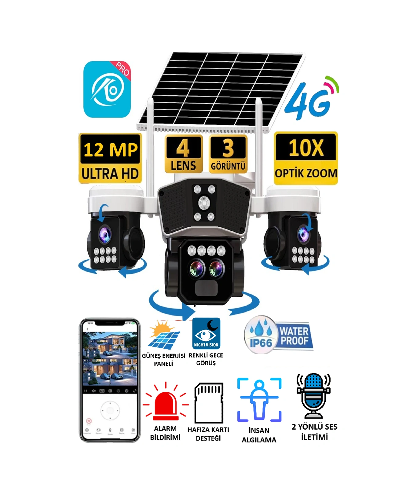 Ultimate O-kam 9095 12mp 10x Zoom 4 Lens 3 Ekran Ultrahd 4g Solar Akıllı Güvenlik Kamerası