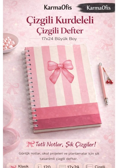 4'lü Spiralli Çizgili Defter Seti 17x24 120 Yp Kurdele, Kiraz Ve Puantiyeli Tasarım
