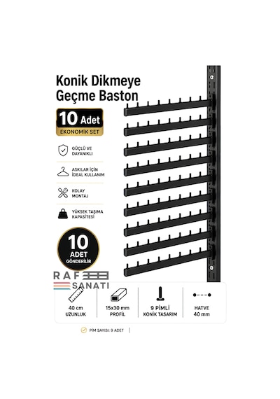 10 Adet - Konik Dikmeye Geçme Baston Askı 40 Cm Mağaza Giyim Raf Askılık Aparatı Siyah