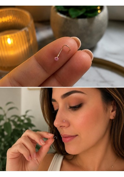 925 Ayar Gümüş Pembe Taşlı Sarı Burun Hızması L Tipi Minimal Unisex Nose Stud Piercing