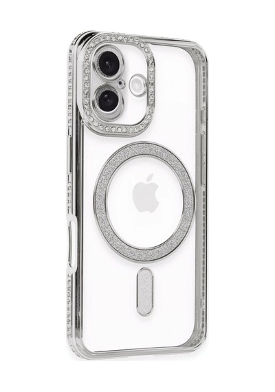 Newface - 609 - Apple iPhone Uyumlu 16 Plus Kılıf Joke Simli Magneticsafe Kılıf - Csmo-tex - - Gümüş