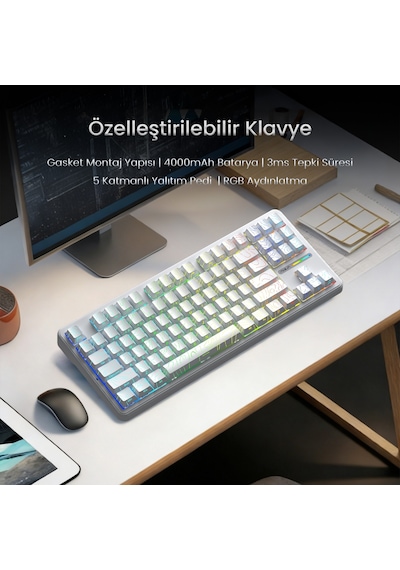 Aula F87 Pro Mekanik Rgb Tkl Kayhua İntelligent Switch Kablosuz Makrolu Hot Swap Klavye Desenli Beyaz