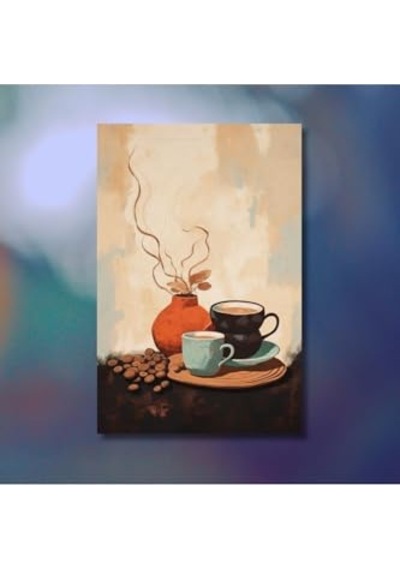Tekli Dikey Kanvas Mutfak Tablosu Kahve Köşesi Çizgisel Fincan, 40 X 60 -