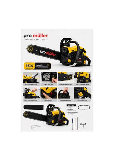 Pro Müller Pro Hava Soğutmalı Çift Egozlu 58 Cc Benzinli Ağaç Odun Dal Motorlu Hızar Bıçkı Testeresi Orman Motoru