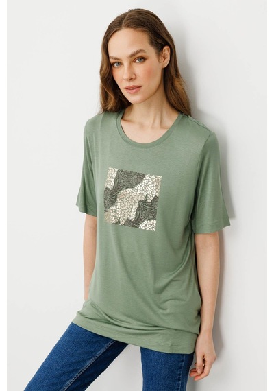 Desen Triko Kadın Sıfır Yaka Önü Taş Baskılı Penye T-shirt 25834 Haki Haki