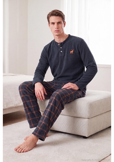 Buratti Ekoseli Düğmeli Bisiklet Yaka Yumuşak Polar Pijama Takımı Erkek Pijama Takımı 6097019 Füme