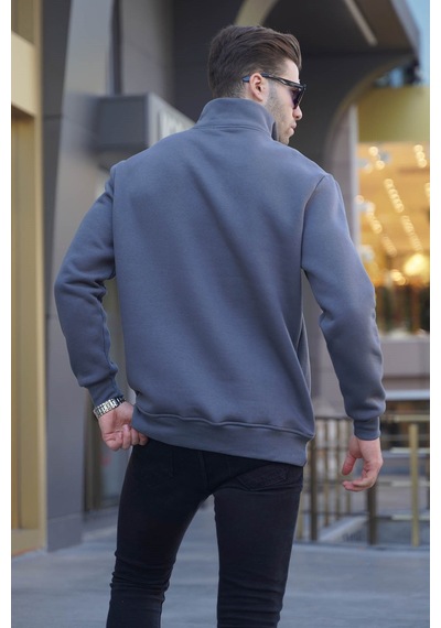 Madmext Füme Fermuar Yaka Nakışlı Sweatshirt 6028 Füme