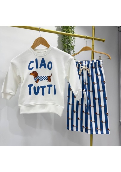Ciao Tutti Baskılı Sweatshirt Sosis Köpek Baskılı Mavi Çizgili Eşofman 3ip Unisex Alt Üst Takım Beyaz Ciao Tutti Baskılı Sweatshirt Sosis Köpek Baskılı Mavi Çizgili Eşofman 3ip Unisex Alt Üst Takım Beyaz