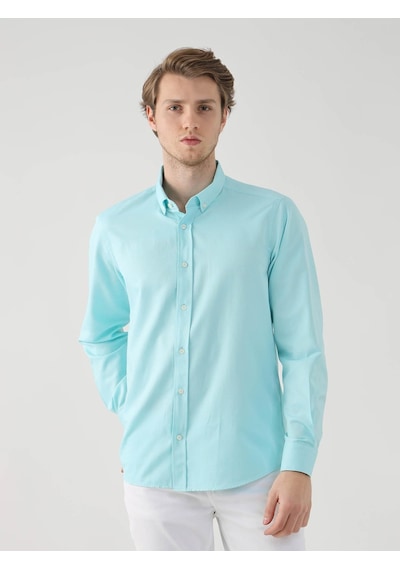 Dufy Mint Yeşili Erkek Slim Fit Brent Düğmeli Yaka Uzun Kol Gömlek - 92093 Mint