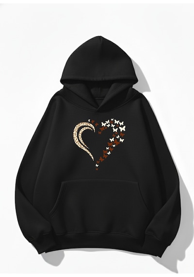 Uyguntarz Unisex Yumuşak Dokulu Kelebek Leoparlı Kalp Baskılı Tasarım Oversize 3 İplik Hoodie Sweatshirt siyah