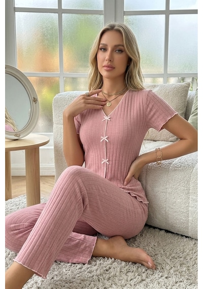 Bella Notte V Yaka Pamuklu Fiyonk Detaylı Pijama Takımı Krem