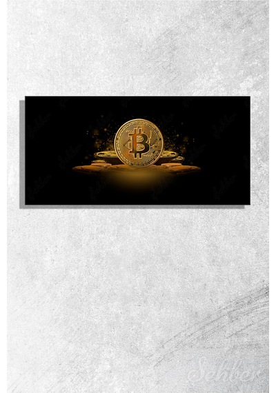 Koyu Fonda Altın Renkli Bitcoin Temalı Dekoratif Bir Yatay Kanvas Tablo 4038 Çok Renkli