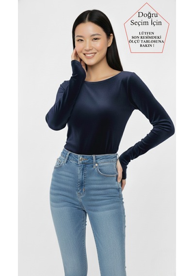 Smalltouch Kadın Parmak Geçmeli Uzun Kollu Kadife Kumaş Bluz Lacivert