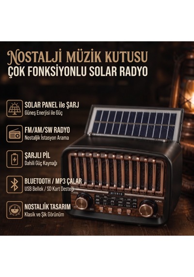Büro Ev Ofis si İçin Nostalji Tema Solar Şarjlı Aux Bt Fm Radyo