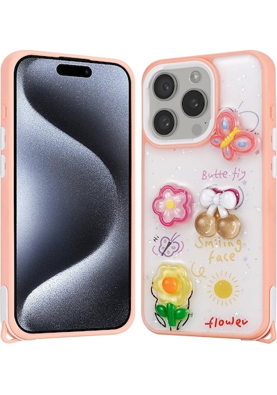 Apple Uyumlu iPhone 15 Pro Kılıf Parlayan Simli Kabartma Figürlü Uzrm Cevze Kapak - Pembe Pembe