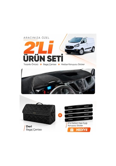 E-biz Ford Transit Custom 2012-2020 Uyumlu Torpido Örtüsü + Deri Bagaj Çantası - Siyah - Fo033