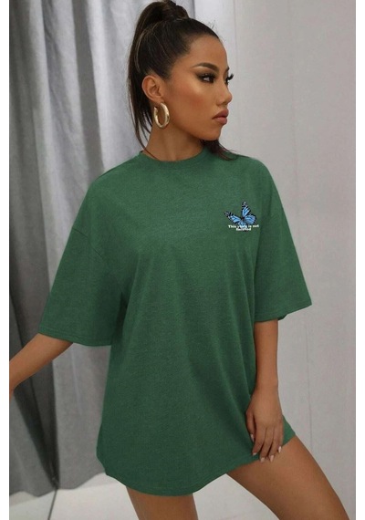 Unisex Kelebek Baskılı Tasarım Tshirt Yeşil