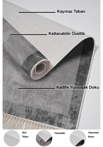 Dekoreko Kaymaz Taban Djt Mutfak Halısı Trend Saçaklı Modern 1921 gri