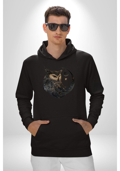 Ay Yıldız Bakır Renk Baykuş Kadın Erkek Siyah Kapüşonlu Sweatshirt Hoodie Siyah