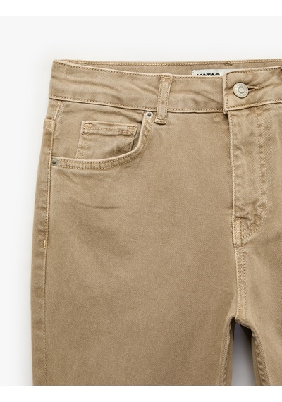 Koton Pamuklu Dar Kesim Yüksek Bel Cepli Düğmeli İspanyol Paça Pantolon - Flare Jeans Kahverengi 7wal40005mw Kahve
