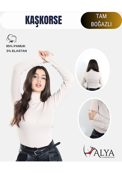 Alya Underwear Kaşkorse Tam Boğazlı Body Sweatshirt, Fitilli Kumaş, Likralı, Gül Kurusu Bej Kemik