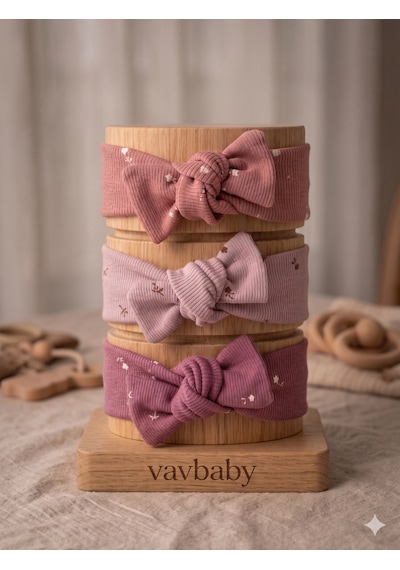 Kız Bebek 3 Lü Ribana Fiyonklu Bandana Seti - Gül Kurusu Gülkurusu