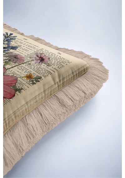 Vintage Çiçek Botanik Saçaklı Yastık Kılıfı-nostaljik Floral Krem Bej Vizon Püsküllü Kırlent Kılıfı Çok Renkli
