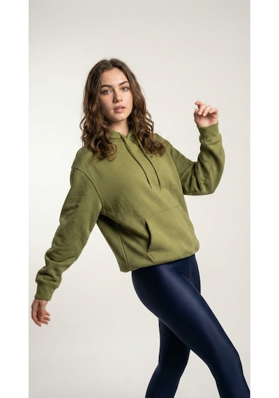 Hoxie Unisex Rahat Kesim Pamuklu Yumuşak Dokulu İçi Polarlı Basic Desenli Kapüşonlu Sweatshirt Yeşil