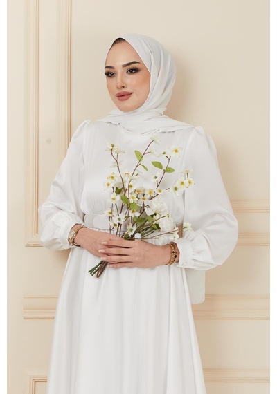 Olcay Kemer Aksesuarlı Kloş Abiye Elbise Ekru 1602