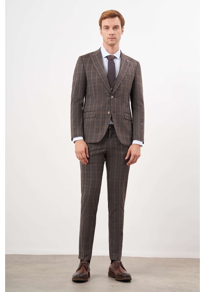 Morven Erkek Kahve Poliviskon Trend Yelekli Ekoseli Slim Fit Sivri Yaka Takım Elbise 24mc001130400 Kahve
