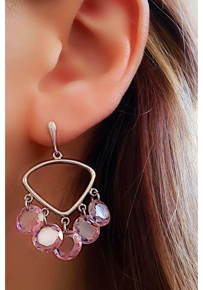 Italyan Tasarımı Gümüş Pembe Zirkon Taşlı Trend Küpe