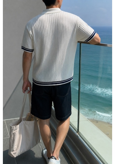 Tarz Cool Oversize Fit Çizgili Triko Polo Yaka Erkek Tişört Ribana Dokulu Premium Yazlık Model Beyaz