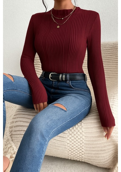 Fashion's Kadın Elastanlı Mendil Ovarlok Yuvarlak Yaka Uzun Kollu Bluz Bordo