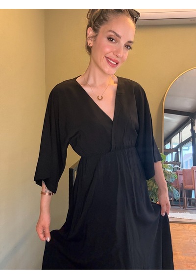Ali Butik Siyah Yarasa Kol Kruvaze Yaka Viskon Elbise