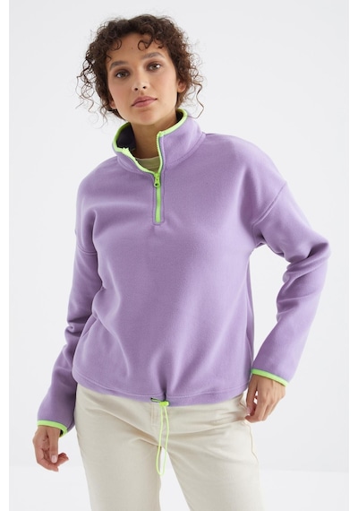 Tommy Life Açık Eflatun Yarım Fermuar Etek Ucu Büzgülü Dik Yaka Oversize Kadın Polar Sweatshirt - 97234 Eflatun