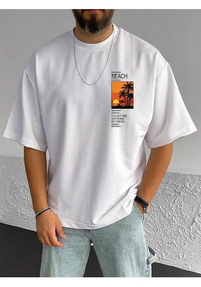 T-shirt - Beach Baskılı Oversize Bisiklet Yaka Kısa Kol Tişört Beyaz