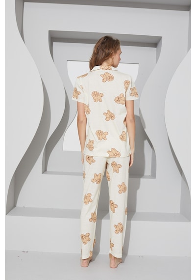 Siyah İnci Örme Düğmeli Pijama Takım 7756 Sarı Köpek