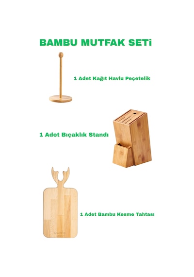 Kamptek %100 Doğal Bambu 3'lü Mutfak Seti - Kesme Tahtası, Bıçaklık Standı & Havlu Peçetelik Düzenleyici Ahşap Rengi