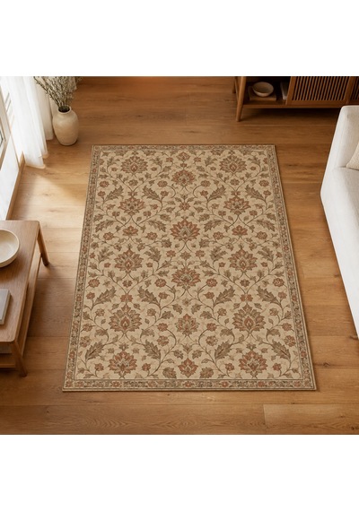 Kartela Halı Madalyonsuz Vintage İran Desenli Halı Bej Kaymaz Taban Makinede Yıkanabilir 200x300 Cm