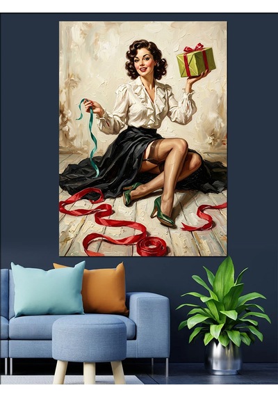 Hediye Kutusuyla Retro Pin Up Dekoratif Kanvas - Mdf Ahşap Tablo