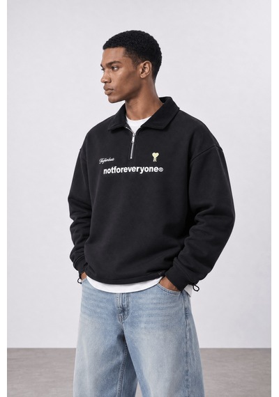 Respire Erkek Not For Everyone Nakışlı Polo Yaka Oversize Sweatshirt Siyah